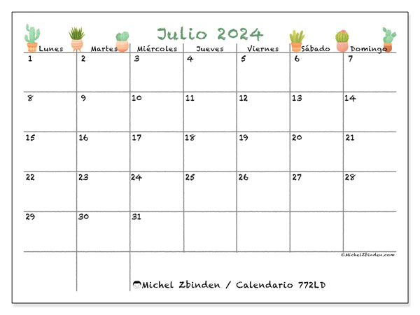 Calendario julio 2024 “772”. Horario para imprimir gratis.. De lunes a domingo