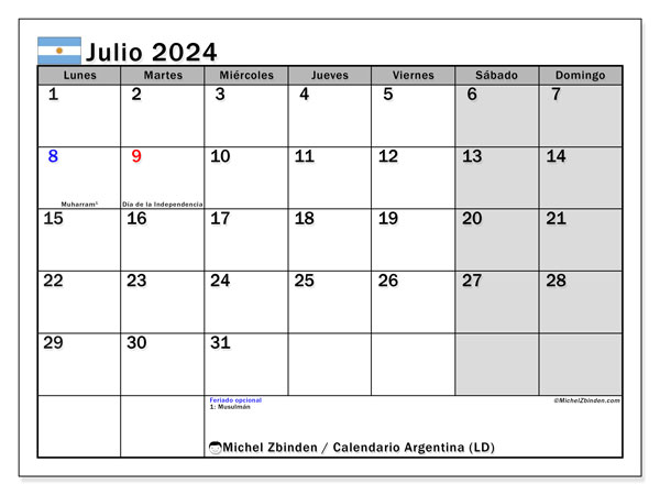 Kalender juli 2024 “Argentinië”. Gratis printbare kaart.. Maandag tot zondag
