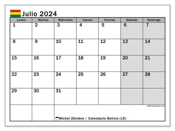 Kalender juli 2024 “Bolivia”. Gratis af te drukken agenda.. Maandag tot zondag