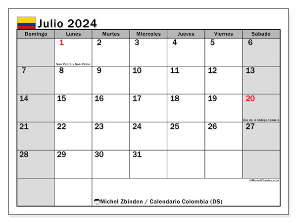 Calendario julio 2024 “Colombia”. Horario para imprimir gratis.. De domingo a sábado