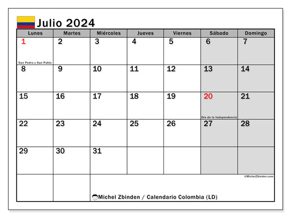 Kalender juli 2024 “Colombia”. Gratis afdrukbare kalender.. Maandag tot zondag