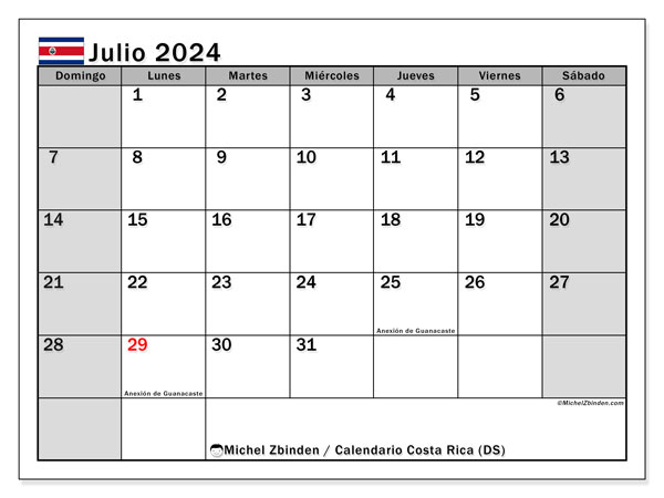 Kalendarz lipiec 2024, Kostaryka (ES). Darmowy dziennik do druku.