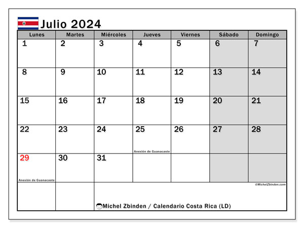 Kalender juli 2024 “Costa Rica”. Gratis printbare kaart.. Maandag tot zondag