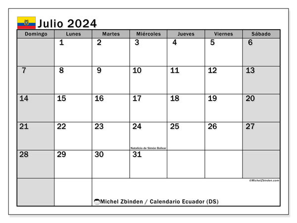 Kalendarz lipiec 2024, Ekwador (ES). Darmowy dziennik do druku.