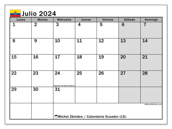 Calendario julio 2024 “Ecuador”. Calendario para imprimir gratis.. De lunes a domingo