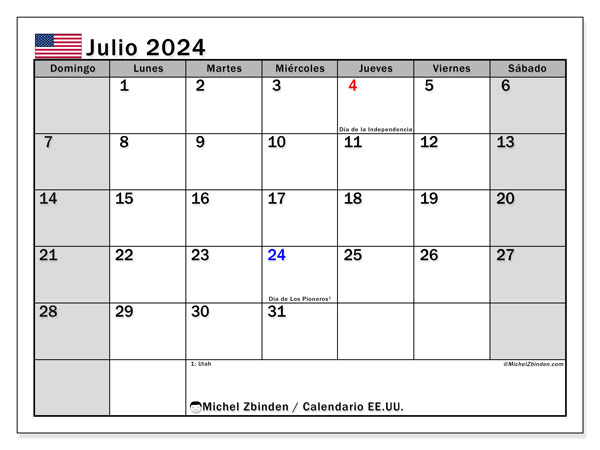Calendario julio 2024 “Estados Unidos”. Horario para imprimir gratis.. De domingo a sábado