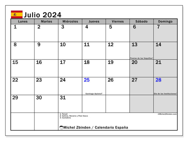 España, calendario de julio de 2024, para su impresión, de forma gratuita.