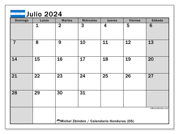 Kalender juli 2024 “Honduras”. Gratis printbaar schema.. Zondag tot zaterdag