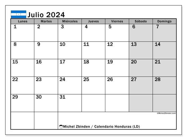 Kalender juli 2024 “Honduras”. Gratis printbaar schema.. Maandag tot zondag