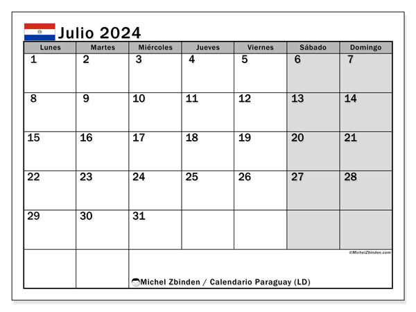 Kalender juli 2024 “Paraguay”. Gratis printbare kaart.. Maandag tot zondag