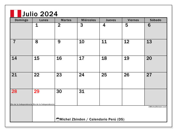 Kalender juli 2024 “Peru”. Gratis afdrukbare kalender.. Zondag tot zaterdag
