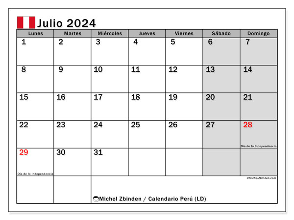 Kalender juli 2024 “Peru”. Gratis afdrukbare kalender.. Maandag tot zondag