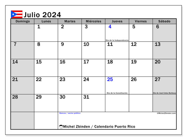 Porto Rico, calendario de julio de 2024, para su impresión, de forma gratuita.