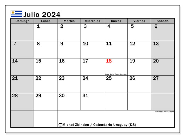 Calendario julio 2024, Uruguay. Calendario para imprimir gratis.