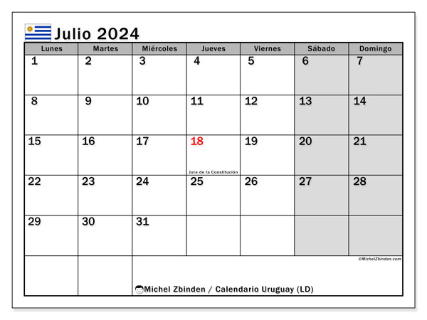 Kalender juli 2024 “Uruguay”. Gratis afdrukbare kalender.. Maandag tot zondag