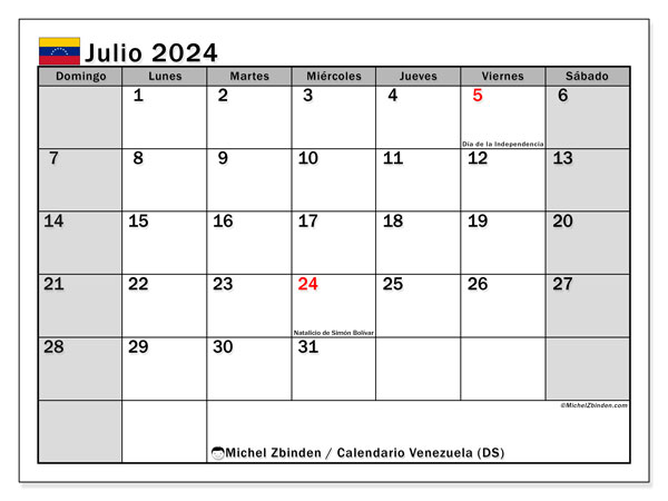 Kalender juli 2024 “Venezuela”. Gratis afdrukbare kalender.. Zondag tot zaterdag