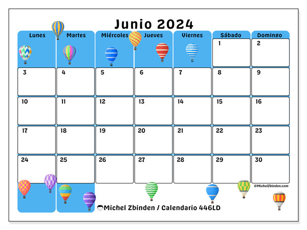 Calendario junio 2024 “446”. Horario para imprimir gratis.. De lunes a domingo