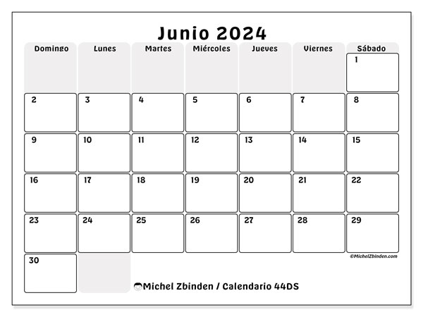 Calendario junio 2024 “44”. Horario para imprimir gratis.. De domingo a sábado