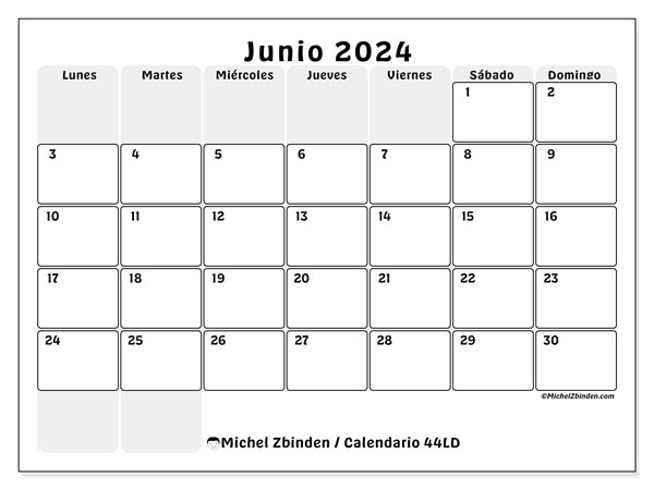 Calendario junio 2024 “44”. Horario para imprimir gratis.. De lunes a domingo