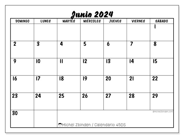 Calendario junio 2024 “45”. Diario para imprimir gratis.. De domingo a sábado