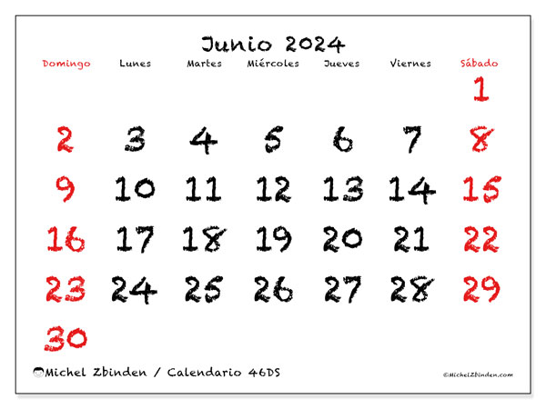 Calendario junio 2024 “46”. Horario para imprimir gratis.. De domingo a sábado