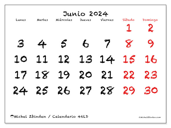 Calendario junio 2024 “46”. Horario para imprimir gratis.. De lunes a domingo