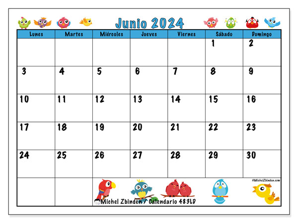 Calendario junio 2024 “483”. Diario para imprimir gratis.. De lunes a domingo