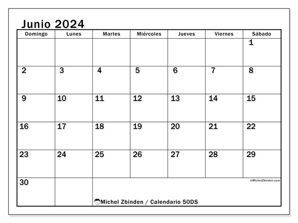 Calendario junio 2024 “50”. Horario para imprimir gratis.. De domingo a sábado