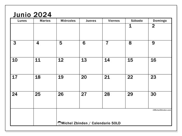 Calendario junio 2024 “50”. Horario para imprimir gratis.. De lunes a domingo