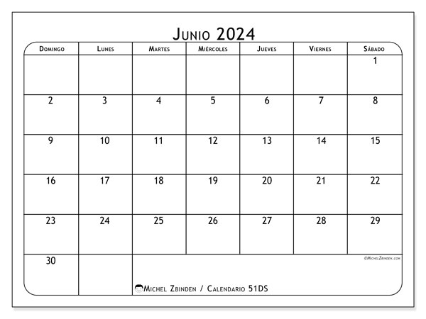 Calendario junio 2024 “51”. Diario para imprimir gratis.. De domingo a sábado