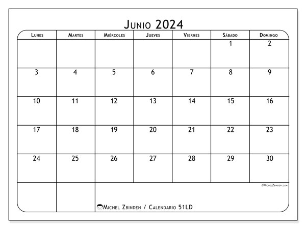 Calendario junio 2024 “51”. Diario para imprimir gratis.. De lunes a domingo
