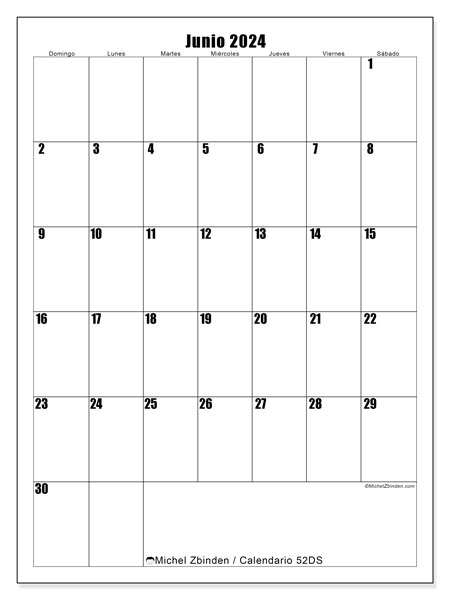 Calendario junio 2024 “52”. Diario para imprimir gratis.. De domingo a sábado