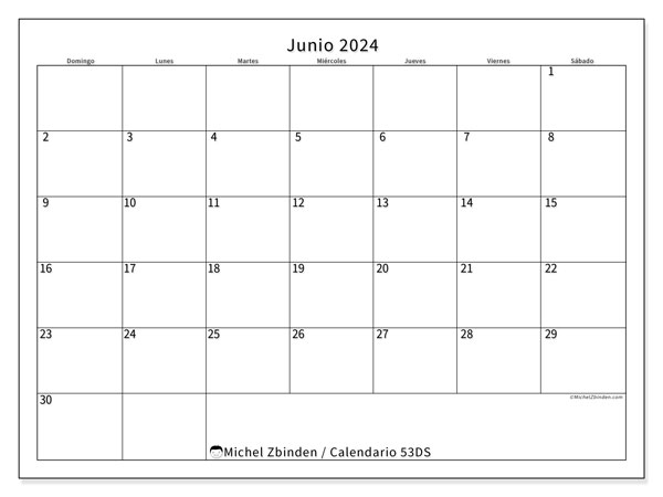 Calendario junio 2024 “53”. Calendario para imprimir gratis.. De domingo a sábado