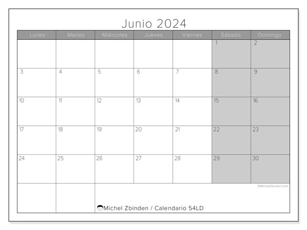 Calendario junio 2024, 54DS. Diario para imprimir gratis.
