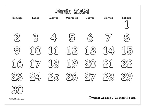 56DS, calendario de junio de 2024, para su impresión, de forma gratuita.