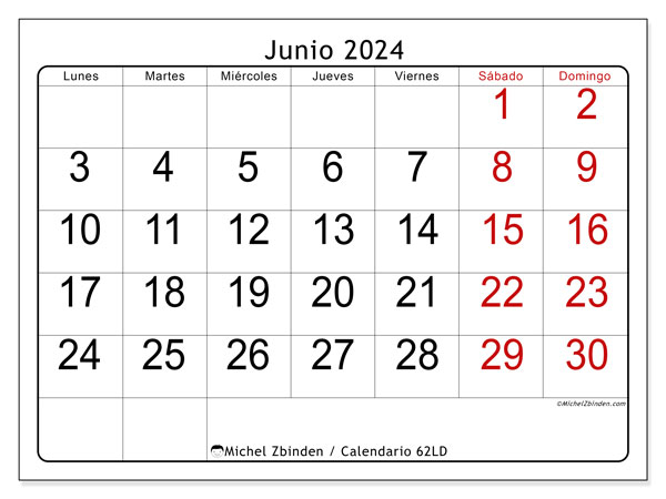 Calendario junio 2024 “62”. Horario para imprimir gratis.. De lunes a domingo