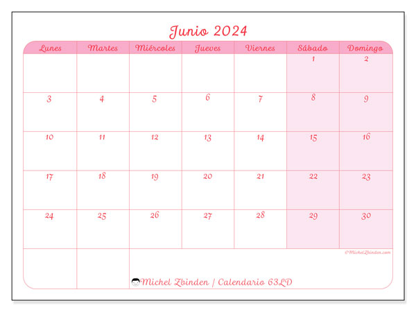 Calendario junio 2024 “63”. Horario para imprimir gratis.. De lunes a domingo