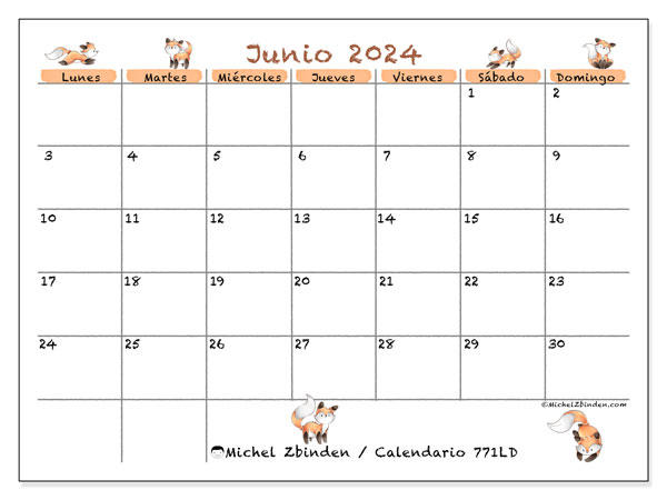 Calendario junio 2024 “771”. Diario para imprimir gratis.. De lunes a domingo