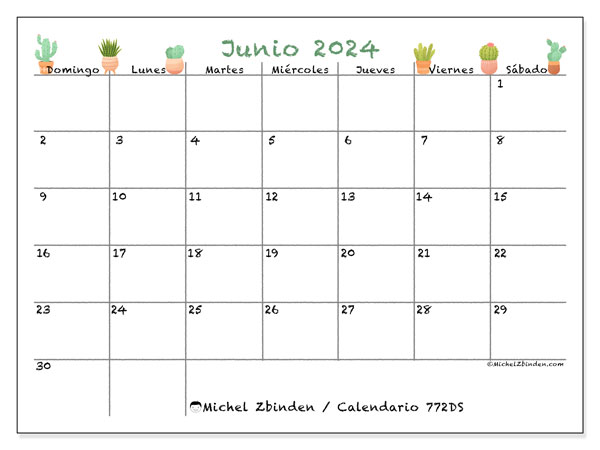 Calendario junio 2024 “772”. Diario para imprimir gratis.. De domingo a sábado