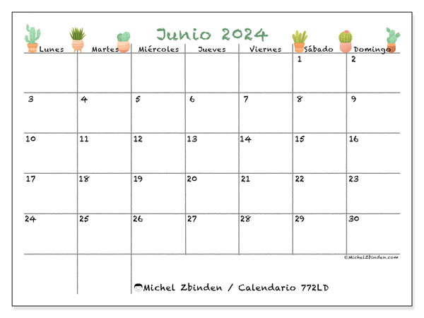 Calendario junio 2024 “772”. Diario para imprimir gratis.. De lunes a domingo