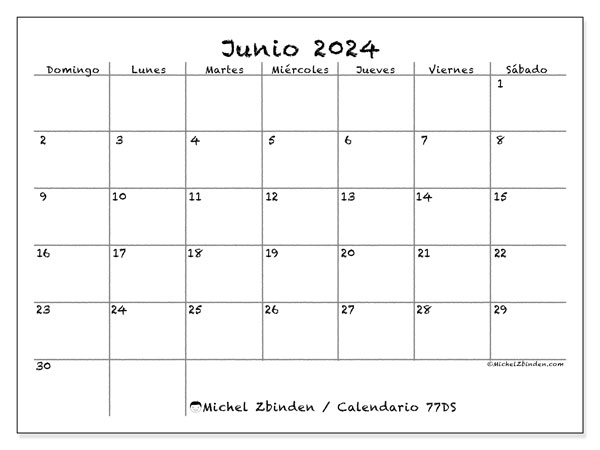 77DS, calendario de junio de 2024, para su impresión, de forma gratuita.