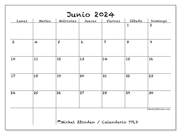 Calendario junio 2024 “77”. Diario para imprimir gratis.. De lunes a domingo