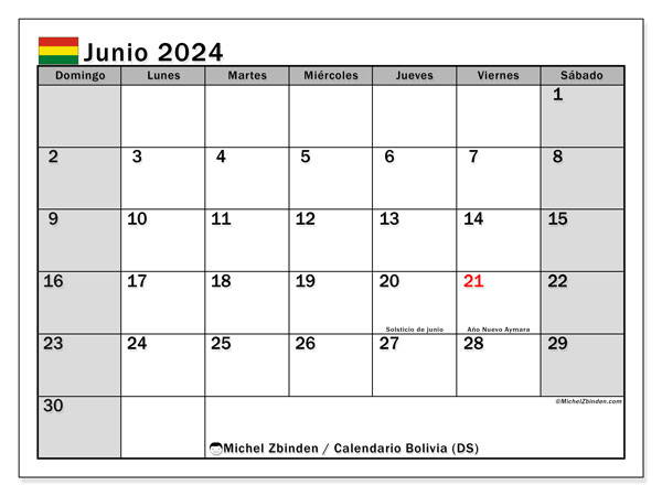 Calendario junio 2024, Bolivia (ES). Diario para imprimir gratis.