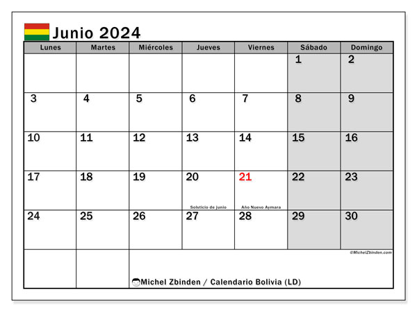 Calendario giugno 2024 “Bolivia”. Programma da stampare gratuito.. Da lunedì a domenica