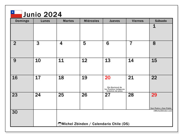 Calendario giugno 2024 “Cile”. Calendario da stampare gratuito.. Da domenica a sabato