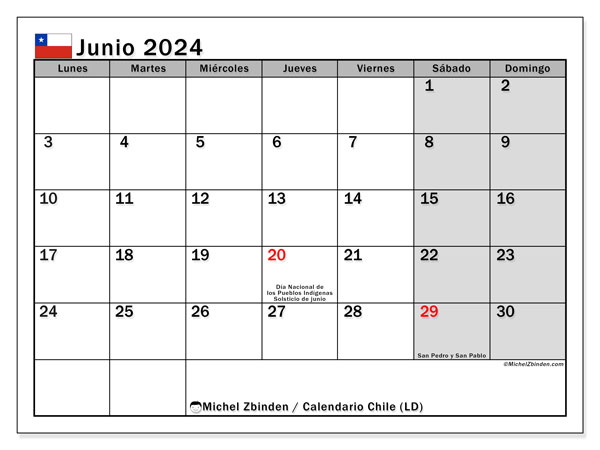 Kalender Juni 2024 “Chile”. Programm zum Ausdrucken kostenlos.. Montag bis Sonntag