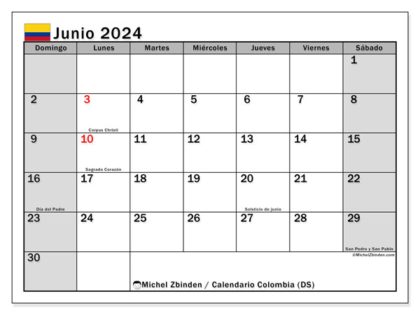 Kalender Juni 2024 “Kolumbien”. Kalender zum Ausdrucken kostenlos.. Sonntag bis Samstag