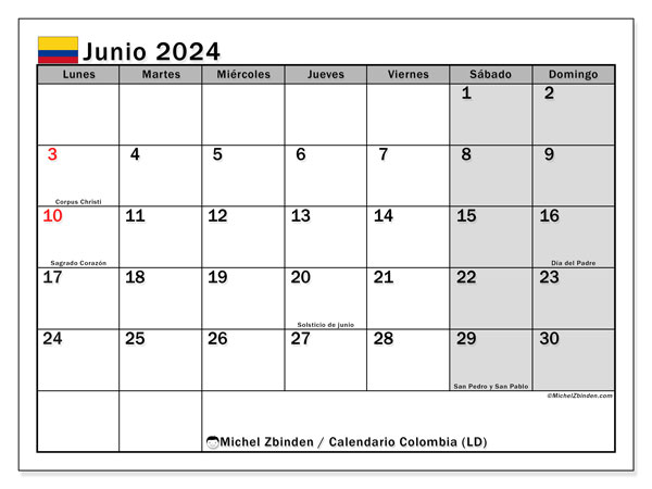 Kalender Juni 2024 “Kolumbien”. Kalender zum Ausdrucken kostenlos.. Montag bis Sonntag