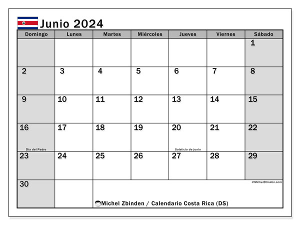 Calendario junio 2024 “Costa Rica”. Horario para imprimir gratis.. De domingo a sábado