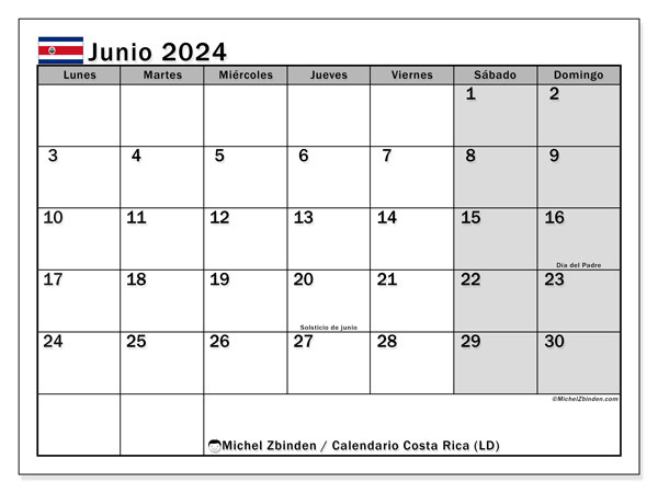 Calendario junio 2024 “Costa Rica”. Horario para imprimir gratis.. De lunes a domingo